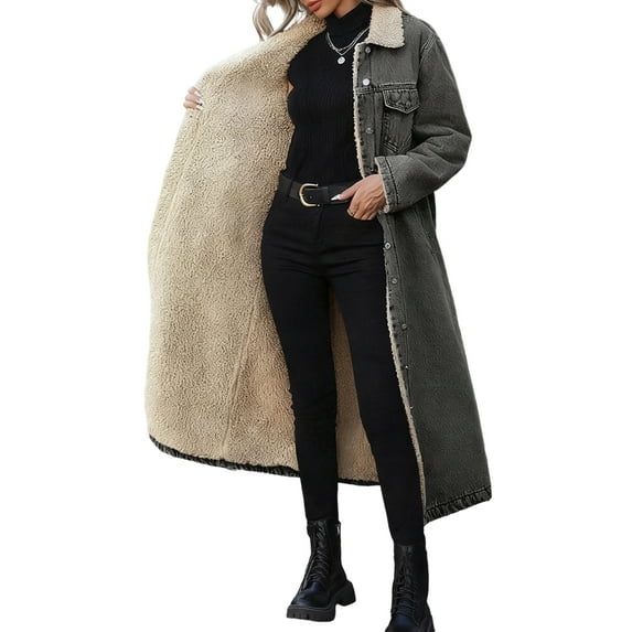 Women's Denim Coat Winter Warm Long Fleece Lined Coat Trendy Casual Oversized Loose Outerwear Long Sleeve Relaxed Fit Warm Lining Cowboy coat