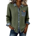 thumbnail image 1 of Women's Denim Collar Knit Sweater Long Sleeve Button V Neck Patchwork Pullover Casual Retro Tops for Fall Winter, 1 of 4