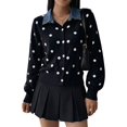 thumbnail image 1 of Women's Denim Collar Polka Dot Cropped Button Knit Sweater Jacket Cardigan Black S, 1 of 9