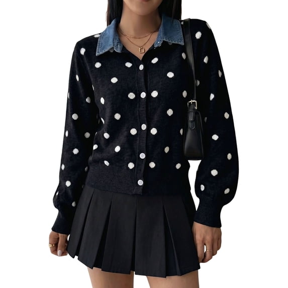 Women's Denim Collar Polka Dot Cropped Button Knit Sweater Jacket Cardigan Black S