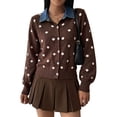 thumbnail image 1 of Women's Denim Collar Polka Dot Cropped Button Knit Sweater Jacket Cardigan Chocolate Color S, 1 of 8