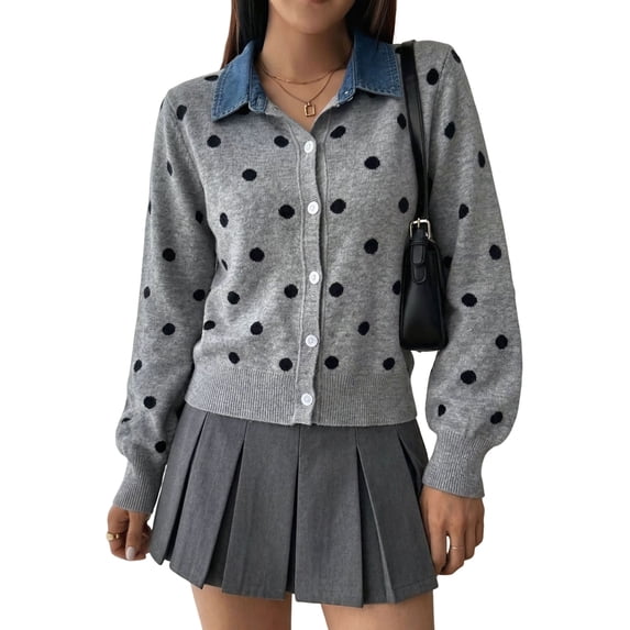 Women's Denim Collar Polka Dot Cropped Button Knit Sweater Jacket Cardigan Gray XL