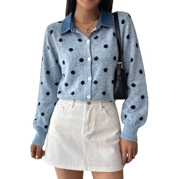 Women's Denim Collar Polka Dot Cropped Button Knit Sweater Jacket Cardigan Light Blue XXL