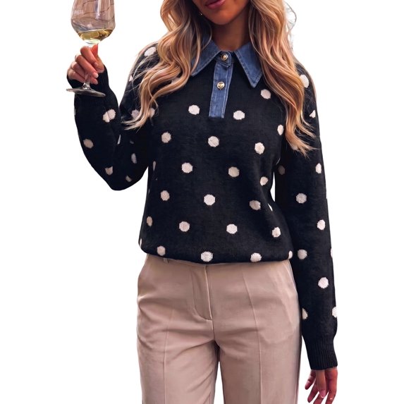 Women's Denim Collar Polka Dot Spliced Long Sleeve Loose Knit Pullover Sweater Black S