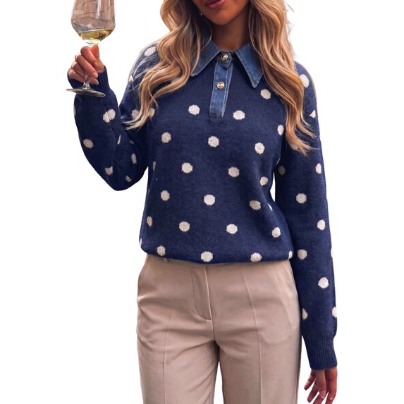 Women's Denim Collar Polka Dot Spliced Long Sleeve Loose Knit Pullover Sweater Navy Blue XL