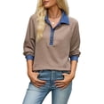 thumbnail image 1 of Women's Denim Contrast Collar Raglan Loose Long Sleeve Quarter Button Knit Top Brown S, 1 of 10