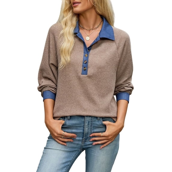 Women's Denim Contrast Collar Raglan Loose Long Sleeve Quarter Button Knit Top Brown S