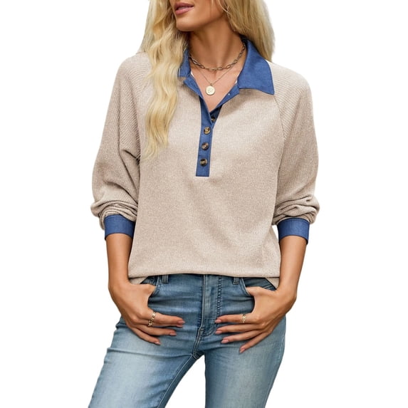 Women's Denim Contrast Collar Raglan Loose Long Sleeve Quarter Button Knit Top Color M
