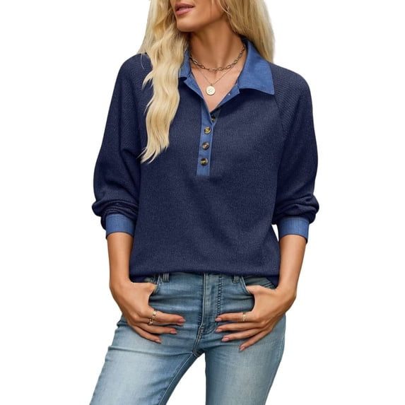 Women's Denim Contrast Collar Raglan Loose Long Sleeve Quarter Button Knit Top Royal Blue S