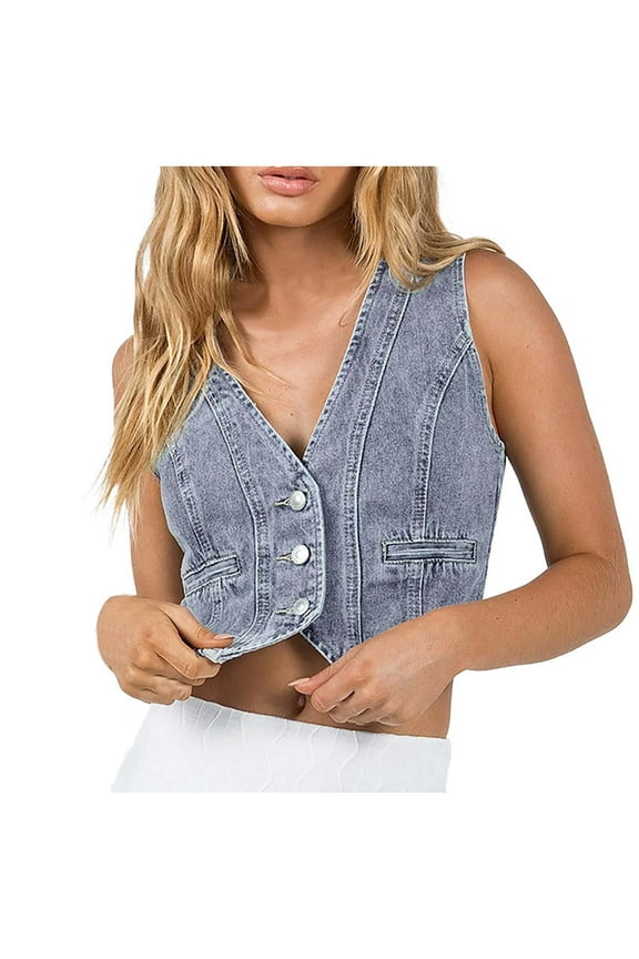Women's Denim Corset Top - Button Down Sleeveless V-Neck Washed Distressed Jean Vest Crop
