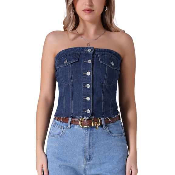 INSPIRE CHIC Women's Denim Corset Top Button Front Raw Hem Smocked Back Tube Tops