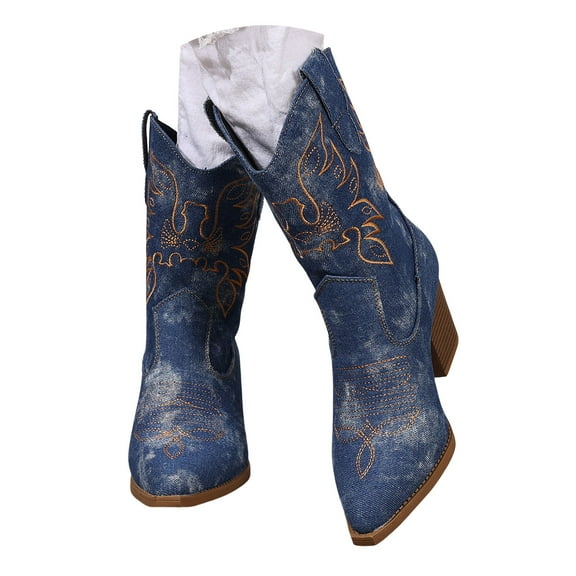 Women's Denim Cowboy Boots Classic Casual Embroidered Pointed Toe Wide Mid Calf Western Cowgirl Boots for Women
