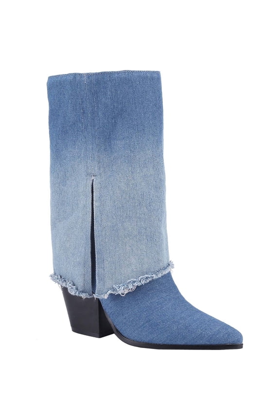 Women's Denim Cowboy Boots Pointed Toe Chunky Block Heel Frayed Jean Mid Calf Western Fashion Booties