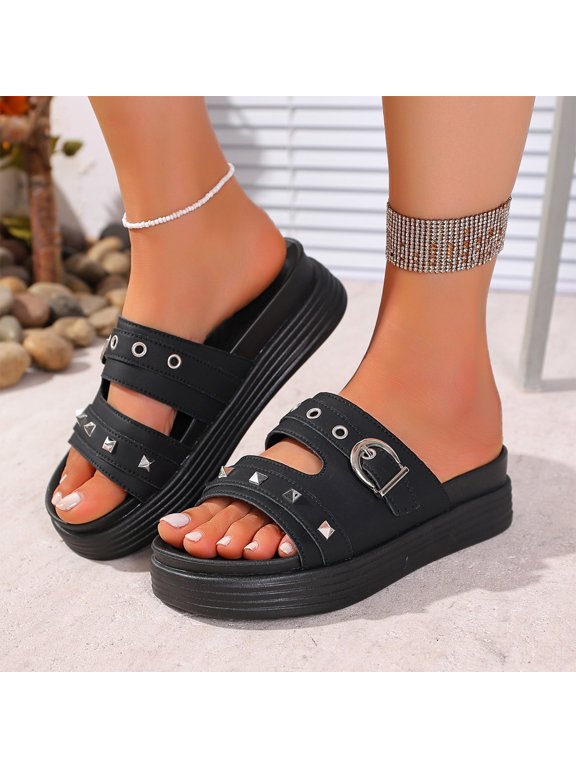 Women's Denim Cross Strap Platform Slides Sandals with Buckle Fashion Comfortable Studded Slip On Non-Slip Beach Mules For Casual Party Date Walking
