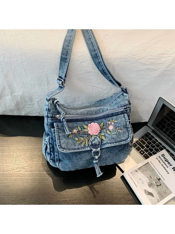 Women's Denim Crossbody Bag, Zip Shoulder Purse with External Open Pocket for Travel