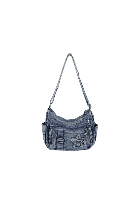 Women's Denim Crossbody Purse with Multiple Zipper Pockets, Star Pattern Y2K Small Shoulder Bag, Lightweight & Adjustable Strap