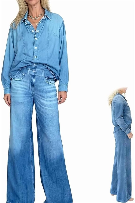 Women’s Denim Dreams Pajama Set, Denim-Inspired Soft Stretch Denim PJs, Relaxed Top & Flowing Pants for Cozy Lounging, Comfortable & Stylish Denim Dreams PJs