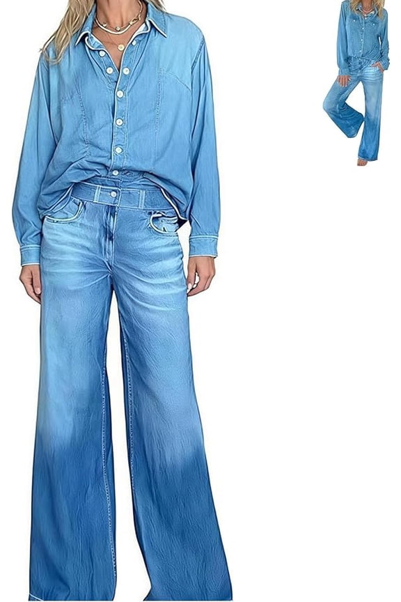 Women's Denim Dreams Pajama Set - Soft Stretch Relaxed Fit Pajamas with 3D Denim Print, Milk Silk Loungewear Set for Sleeping & Home Wear