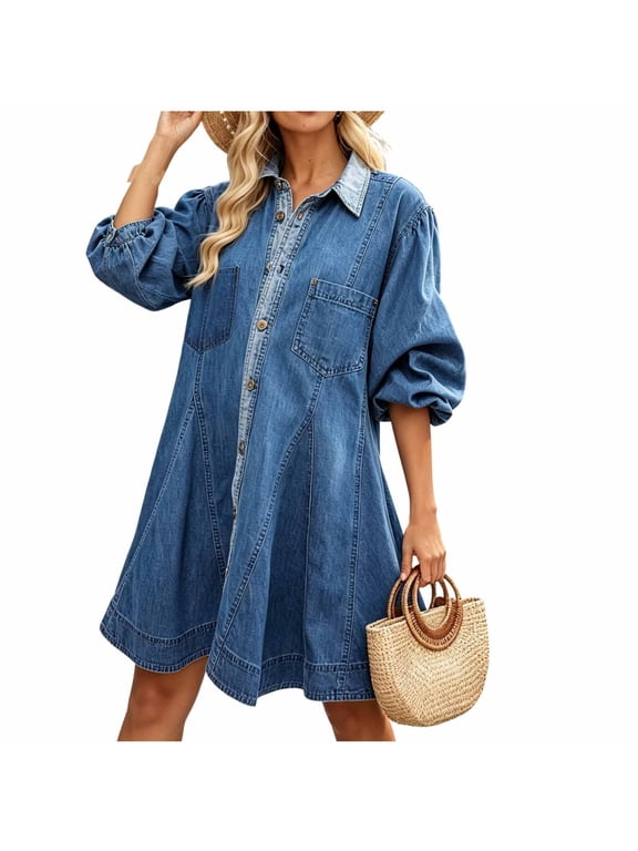 Women's Denim Dress Button Down Balloon Long Sleeve A Line Swing Jean Mini Babydoll Dress with Pocket