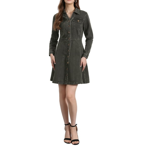 Women's Denim Dress Button Down Collar V Neck Long Sleeve A-line Cotton Jean Dress M Grey