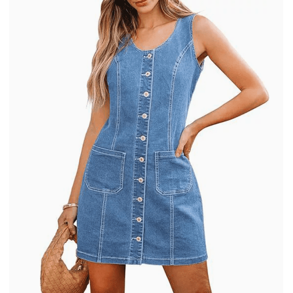 Women's Denim Dress Sleeveless Stretchy Crewneck Vintage Button Down Jean Dresses with Patch Pocket