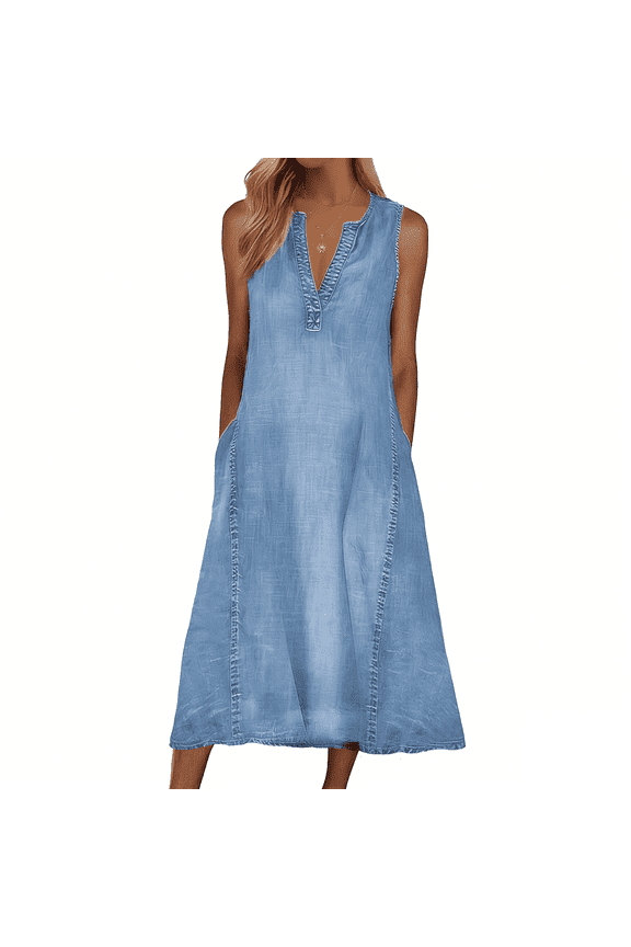 Women's Denim Dress V Neck Sleeveless Jean Midi Dresses