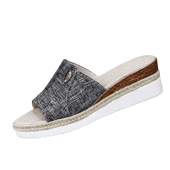 Women’s Denim Fabric Jute Trim Wedge Slide Sandals, Metal Button Decor Open Toe Indoor Outdoor Platform Slippers
