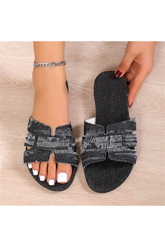 Women's Denim Flat Slides Open Toe Slip On Slide Sandals Casual Daily Wear Slide Shoes shikongkuajing