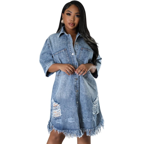 Women's Denim Fringe Shirt Dress, Short Sleeve Button Front Plus Size Midi Dress