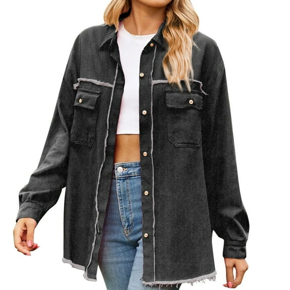 Women's Denim Furred Edge Washed Fringe Top Casual Shirt, Soft, Lightweight, with Pocket