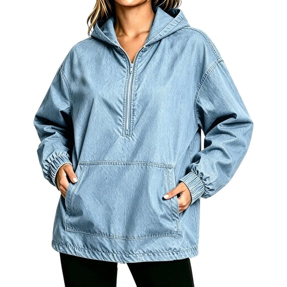 Women's Denim Half Zip Hoodie Oversized Kangaroo Pocket Long Sleeve Casual Pullover Tops