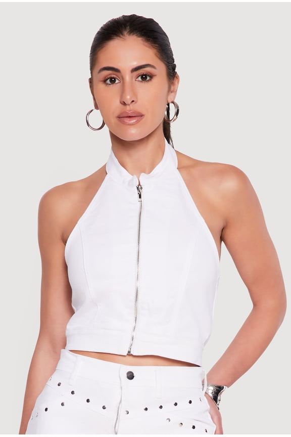 Women's Denim Halter Neck Zip Front Crop Top
