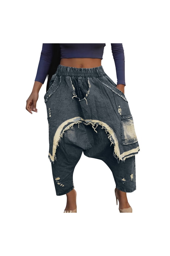 Women's Denim Harem Pants Patchwork Ripped Jeans Elastic Waist Loose Stretchy Trendy Barrel Jeans with Pockets