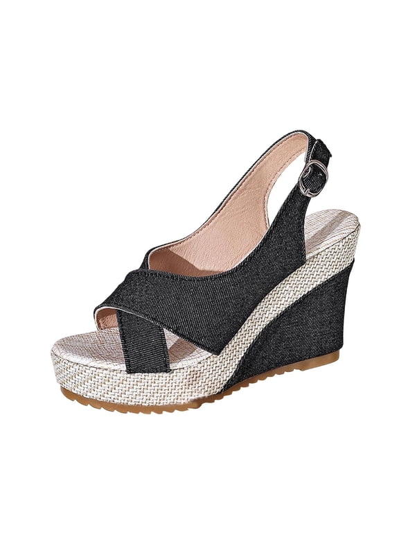Women's Denim High Heel Platform Sandal Wedges Fashion Open Toe Slide Sandals Anti Slip Chunky Espadrille Shoe