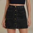 thumbnail image 1 of Women's Denim High Waisted Stretchy Mini Jean Skirt Trendy Button Front Pencil Design with Patch Pockets Comfortable Casual Outfit, 1 of 3
