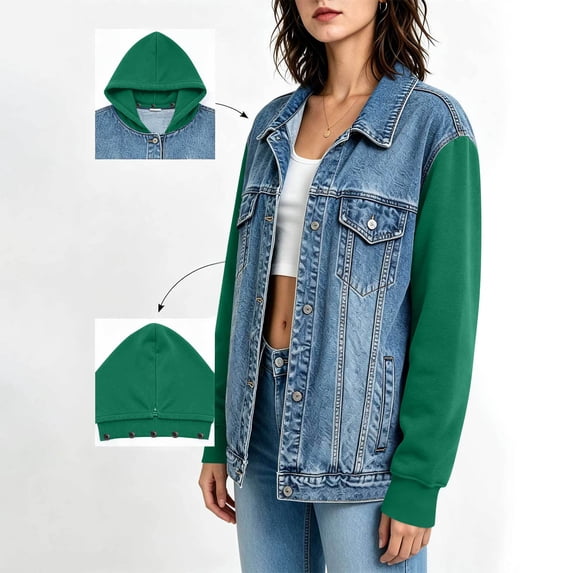 Women's Denim Hooded Sweatshirt, Color Block Lapel Loose Jacket Coat,S,Women's Plus Size