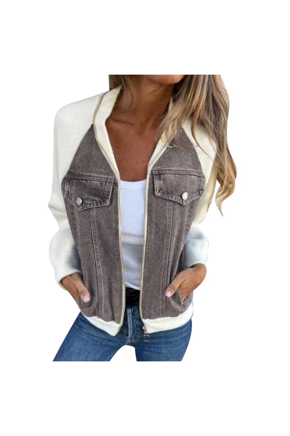 Women's Denim Jacket 2024 Autumn Winter Patchwork Design Casual Fashion Distressed Shoulder Sleeve Coat