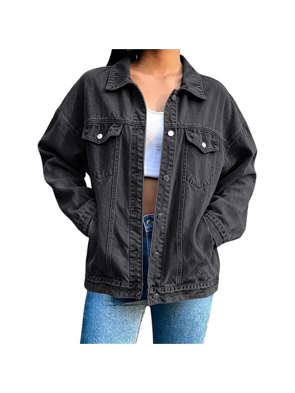 Women's Denim Jacket Casual Long Sleeve Button Stretch Jean Jeackt Soft Washed Denim Jackets Chest Flap Pockets Side Pockets Loose Oversized Fit,Spring Fall Casual Daily Outerwear, Black L