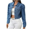thumbnail image 1 of Women's Denim Jacket Casual Ripped Puff Sleeve Button Front Long Sleeve Fitted Crop Top Jean Coat with Pockets (XL, Blue), 1 of 7