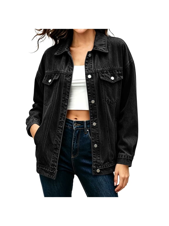 Women's Denim Jacket, Collared Long Sleeve Button Front Regular Fit Casual Shirt Jacket with Pockets for Spring and Fall, Black, 2XL