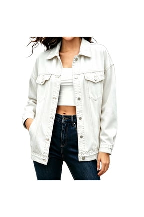 Women's Denim Jacket, Collared Long Sleeve Button Front Regular Fit Casual Shirt Jacket with Pockets for Spring and Fall, White, L