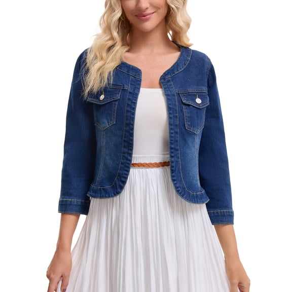 Women's Denim Jacket Collarless 2026 Cardigan Long Sleeve Jean Jackets S Dark Blue