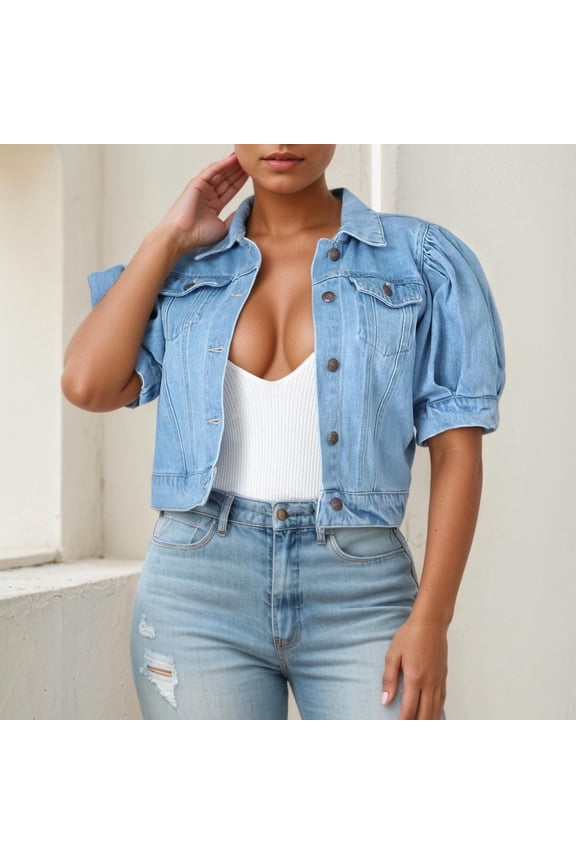 Women's Denim Jacket Fashionable Short Sleeve Puffed Design Comfortable Lightweight Stylish Casual Outerwear