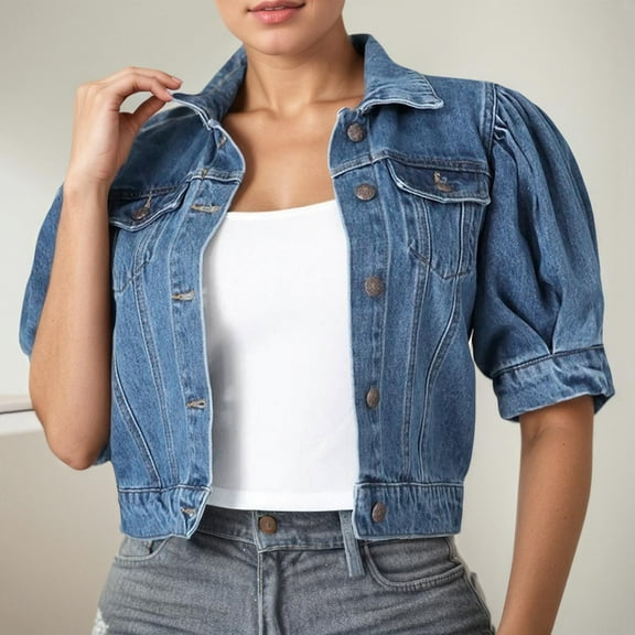 Women's Denim Jacket Fashionable Short Sleeve Puffed Design Comfortable Lightweight Stylish Casual Outerwear