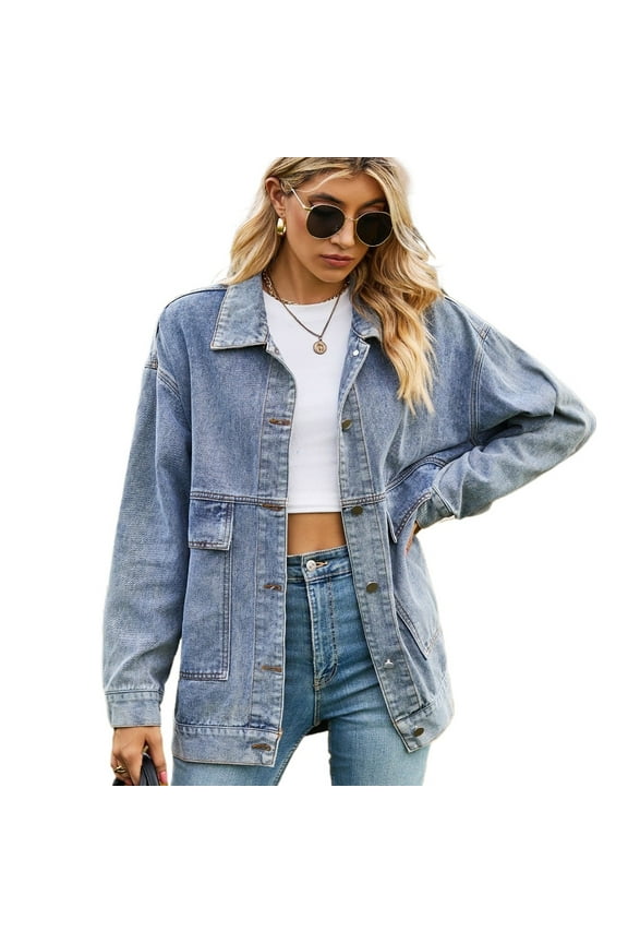 Women's Denim Jacket Long Sleeve Solid Color Outwear Casual Furred Blouse for Women S M L XL XXL