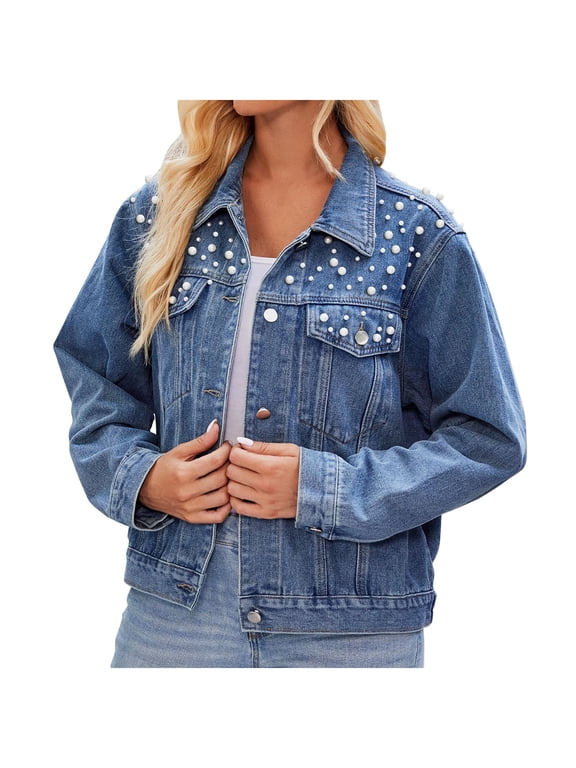 Women's Denim Jacket Long Sleeve Turndown Neck Pearl Short Coat Vintage Button Down Jean Outwear with Pocket