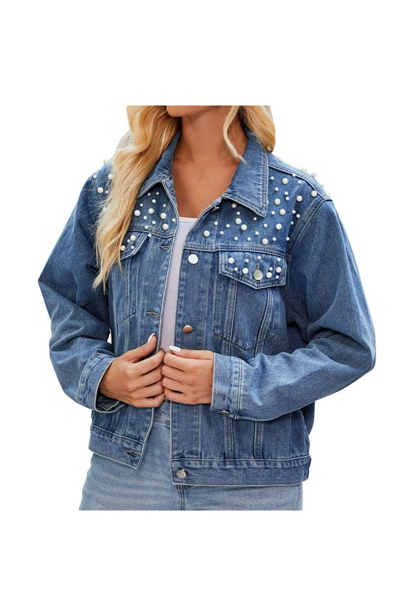Women's Denim Jacket Long Sleeve Turndown Neck Pearl Short Coat Vintage Button Down Jean Outwear with Pocket