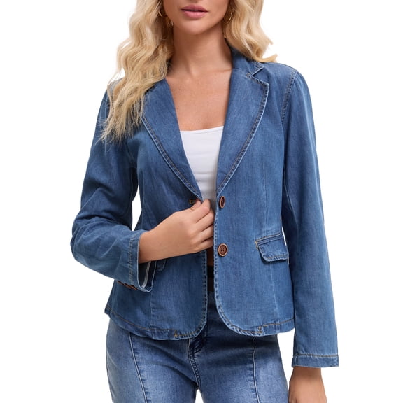 INSPIRE CHIC Women's Denim Jacket Notched Lapel Collar Long Sleeve Button Lightweight Fitted Denim Blazer L Blue