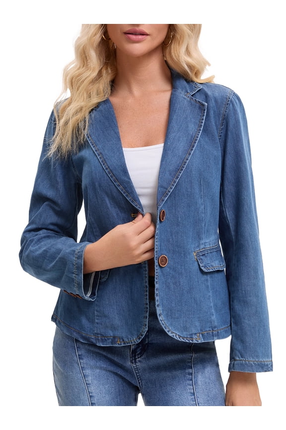 Women's Denim Jacket Notched Lapel Collar Long Sleeve Button Lightweight Fitted Denim Blazer M Blue