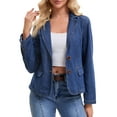 thumbnail image 1 of Women's Denim Jacket Notched Lapel Collar Long Sleeve Button Lightweight Fitted Denim Blazer S Dark Blue, 1 of 6